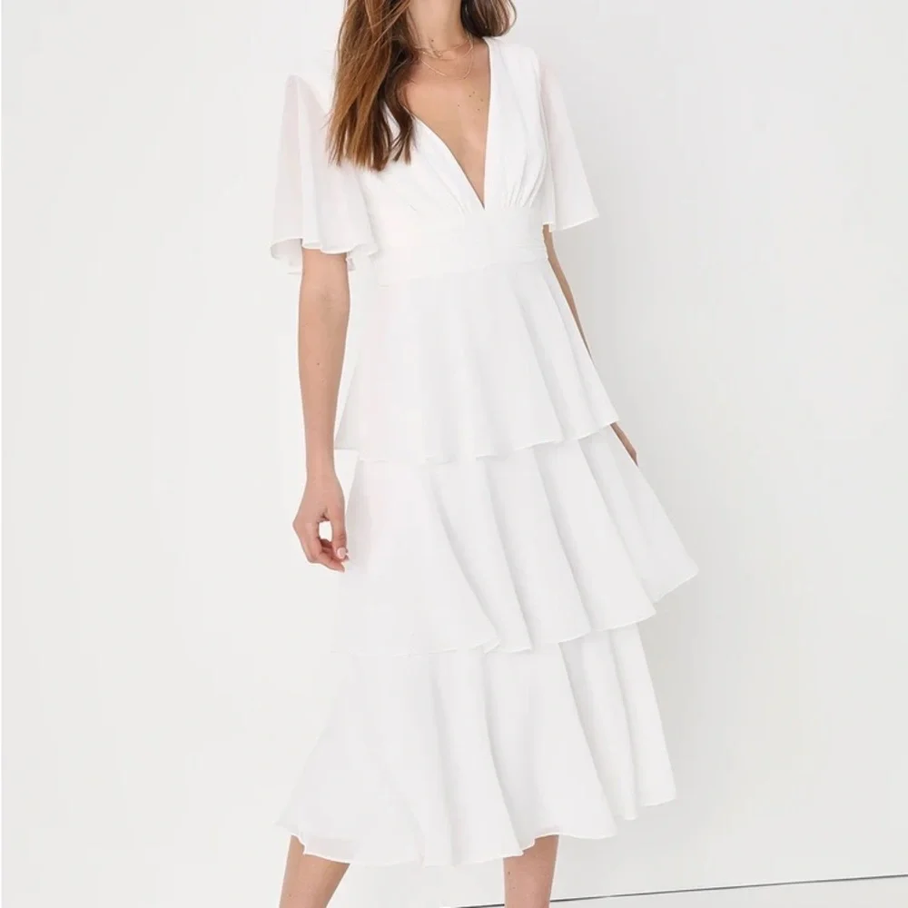 Lulu’s White Ruffle Deep V Dress - Picture 1 of 4